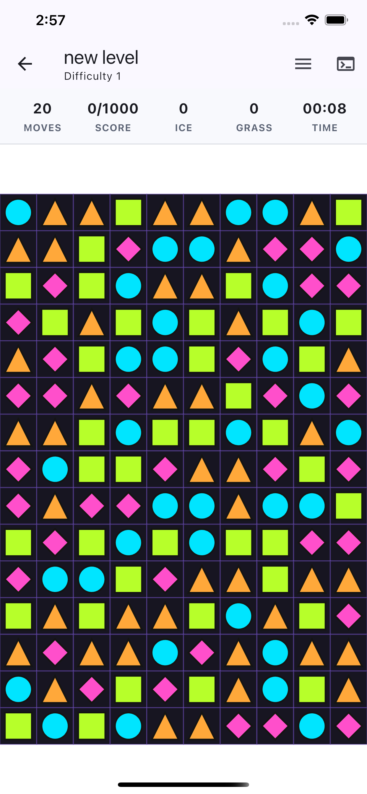 Matchforge gameplay — a match-3 board mid-play with coloured tiles, specials, and objective counters.